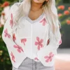 Hot Dear-Lover Floral Print Lightweight Knit Hooded Sweater White