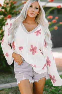 Hot Dear-Lover Floral Print Lightweight Knit Hooded Sweater White
