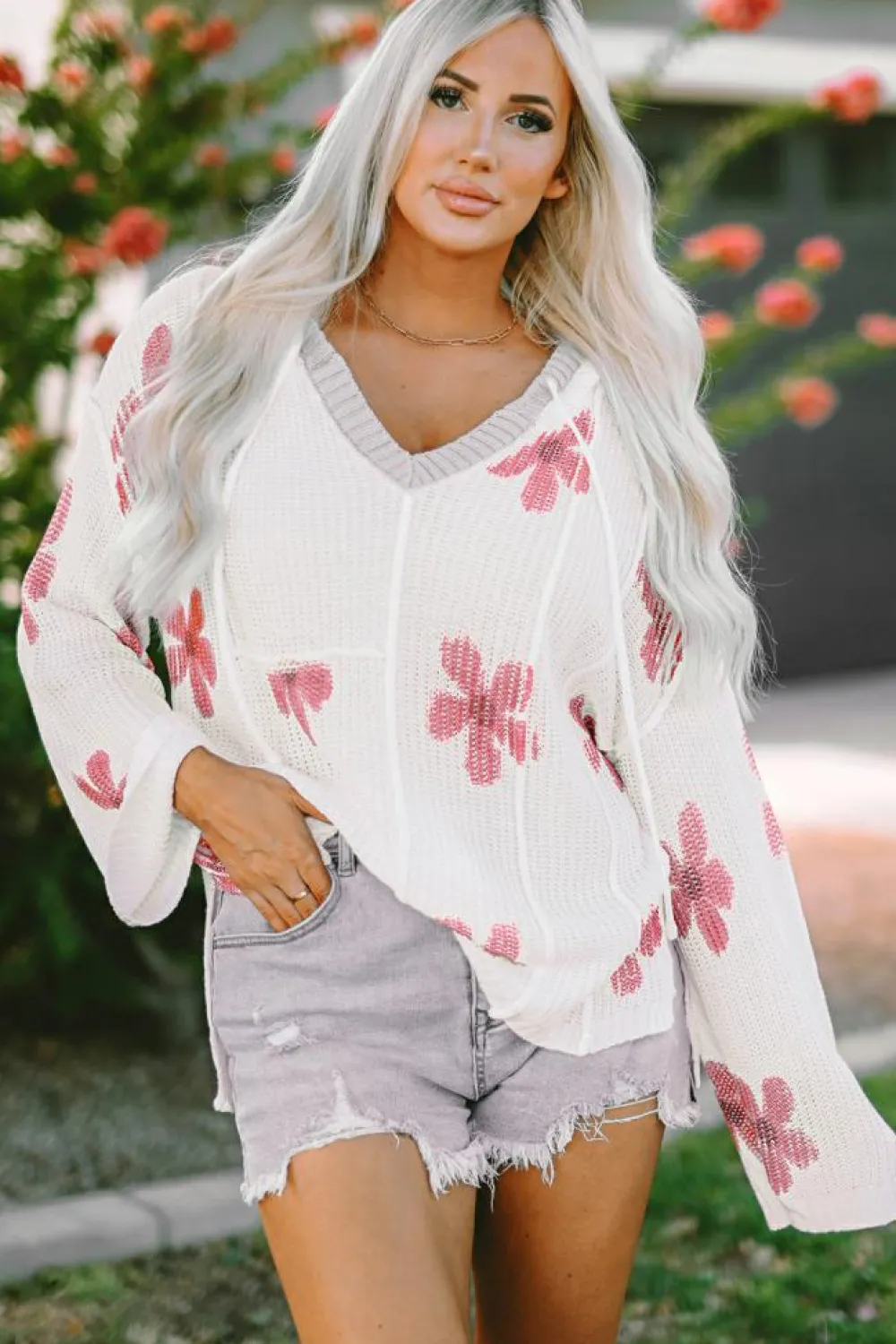 Hot Dear-Lover Floral Print Lightweight Knit Hooded Sweater White