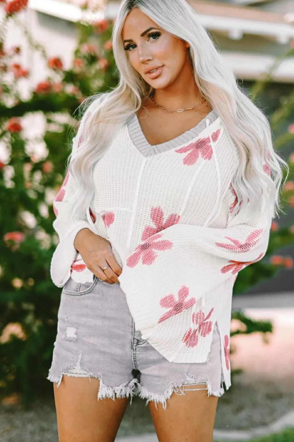 Hot Dear-Lover Floral Print Lightweight Knit Hooded Sweater White
