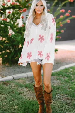 Hot Dear-Lover Floral Print Lightweight Knit Hooded Sweater White