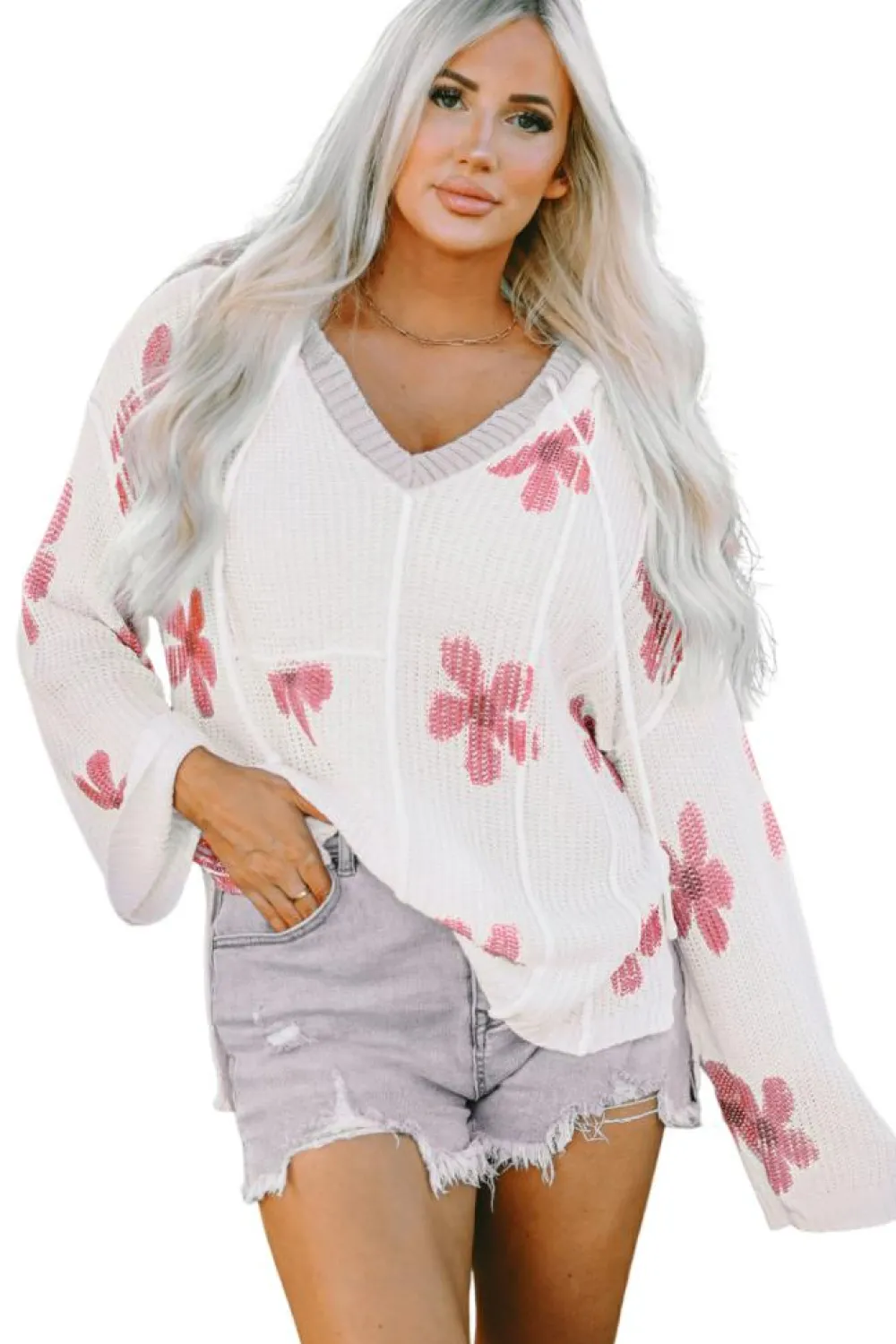 Hot Dear-Lover Floral Print Lightweight Knit Hooded Sweater White