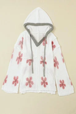 Hot Dear-Lover Floral Print Lightweight Knit Hooded Sweater White