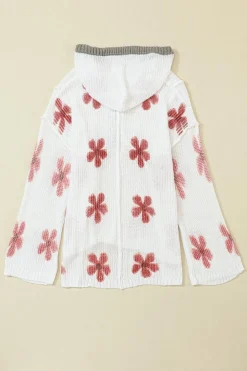 Hot Dear-Lover Floral Print Lightweight Knit Hooded Sweater White
