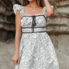 Best Dear-Lover Floral Print Pipping Trim Flutter Sleeve Mini Dress White