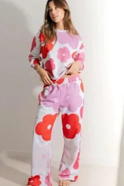 Outlet Dear-Lover Floral Print Pullover Top Sweatpants Lounge Set White