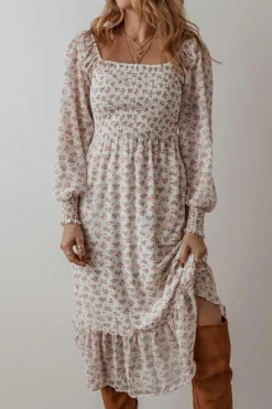 Online Dear-Lover Floral Print Shirred Ruffled Hem Square Neck Midi Dress White
