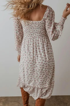 Online Dear-Lover Floral Print Shirred Ruffled Hem Square Neck Midi Dress White
