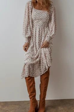 Online Dear-Lover Floral Print Shirred Ruffled Hem Square Neck Midi Dress White