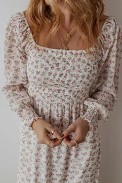 Online Dear-Lover Floral Print Shirred Ruffled Hem Square Neck Midi Dress White