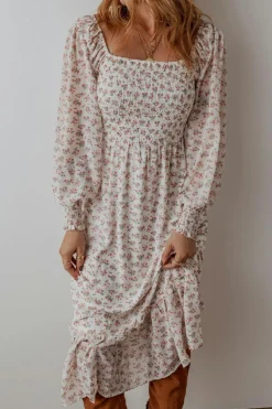 Online Dear-Lover Floral Print Shirred Ruffled Hem Square Neck Midi Dress White