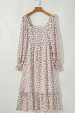 Online Dear-Lover Floral Print Shirred Ruffled Hem Square Neck Midi Dress White