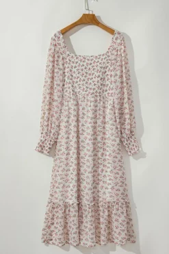 Online Dear-Lover Floral Print Shirred Ruffled Hem Square Neck Midi Dress White