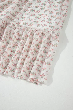 Online Dear-Lover Floral Print Shirred Ruffled Hem Square Neck Midi Dress White