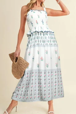 Discount Dear-Lover Floral Print Smocked Ruffled Sleeveless Maxi Dress White