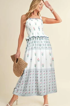 Discount Dear-Lover Floral Print Smocked Ruffled Sleeveless Maxi Dress White