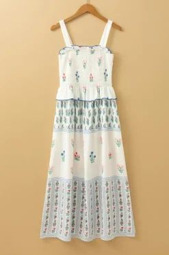 Discount Dear-Lover Floral Print Smocked Ruffled Sleeveless Maxi Dress White