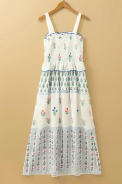 Discount Dear-Lover Floral Print Smocked Ruffled Sleeveless Maxi Dress White