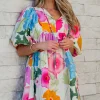 Online Dear-Lover Floral Print Split Neck Babydoll Dress White