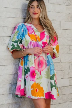Online Dear-Lover Floral Print Split Neck Babydoll Dress White