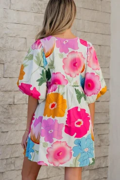 Online Dear-Lover Floral Print Split Neck Babydoll Dress White