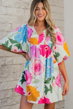 Online Dear-Lover Floral Print Split Neck Babydoll Dress White