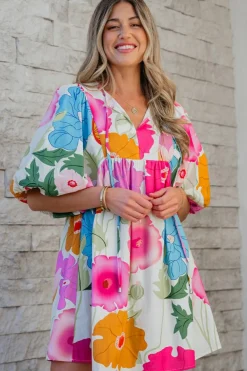 Online Dear-Lover Floral Print Split Neck Babydoll Dress White
