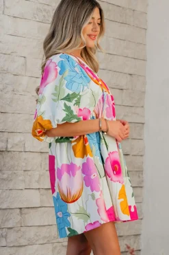 Online Dear-Lover Floral Print Split Neck Babydoll Dress White