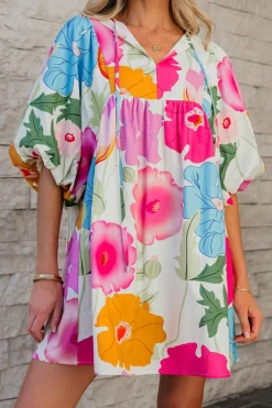 Online Dear-Lover Floral Print Split Neck Babydoll Dress White