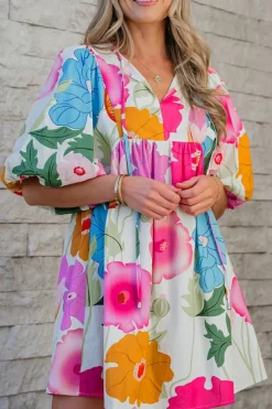 Online Dear-Lover Floral Print Split Neck Babydoll Dress White