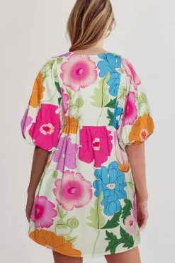 Online Dear-Lover Floral Print Split Neck Babydoll Dress White