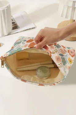 Best Dear-Lover Floral Print Zipper Corduroy Cosmetic Storage Bag White
