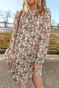 Sale Dear-Lover Floral Printed Long Sleeve Mini Dress White