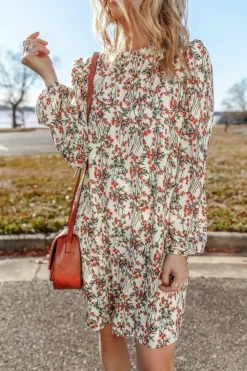 Sale Dear-Lover Floral Printed Long Sleeve Mini Dress White