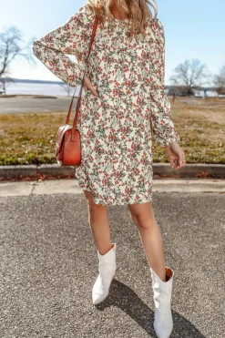 Sale Dear-Lover Floral Printed Long Sleeve Mini Dress White
