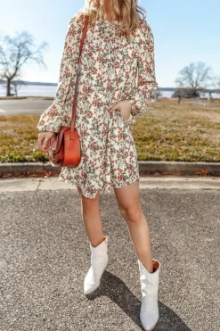 Sale Dear-Lover Floral Printed Long Sleeve Mini Dress White
