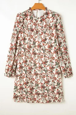 Sale Dear-Lover Floral Printed Long Sleeve Mini Dress White