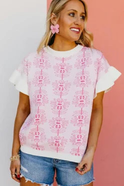 New Dear-Lover Floral Printed Ruffled Short Sleeve Sweater White