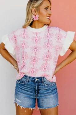 New Dear-Lover Floral Printed Ruffled Short Sleeve Sweater White