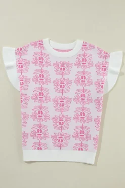 New Dear-Lover Floral Printed Ruffled Short Sleeve Sweater White
