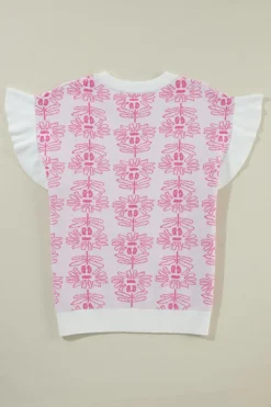 New Dear-Lover Floral Printed Ruffled Short Sleeve Sweater White