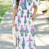 Fashion Dear-Lover Floral Puff Short Sleeve V Neck High Waist Maxi Dress White