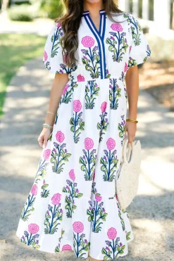Fashion Dear-Lover Floral Puff Short Sleeve V Neck High Waist Maxi Dress White
