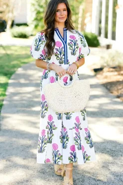 Fashion Dear-Lover Floral Puff Short Sleeve V Neck High Waist Maxi Dress White