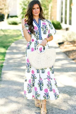 Fashion Dear-Lover Floral Puff Short Sleeve V Neck High Waist Maxi Dress White