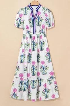 Fashion Dear-Lover Floral Puff Short Sleeve V Neck High Waist Maxi Dress White