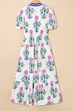 Fashion Dear-Lover Floral Puff Short Sleeve V Neck High Waist Maxi Dress White
