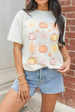 Online Dear-Lover Floral Pumpkin Graphic Crewneck Halloween T Shirt White