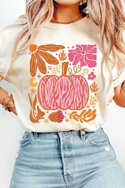 Online Dear-Lover Floral Pumpkin Printed Crewneck Thanksgiving T Shirt White