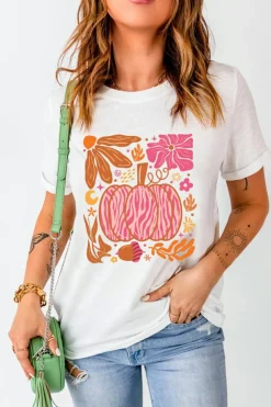 Online Dear-Lover Floral Pumpkin Printed Crewneck Thanksgiving T Shirt White